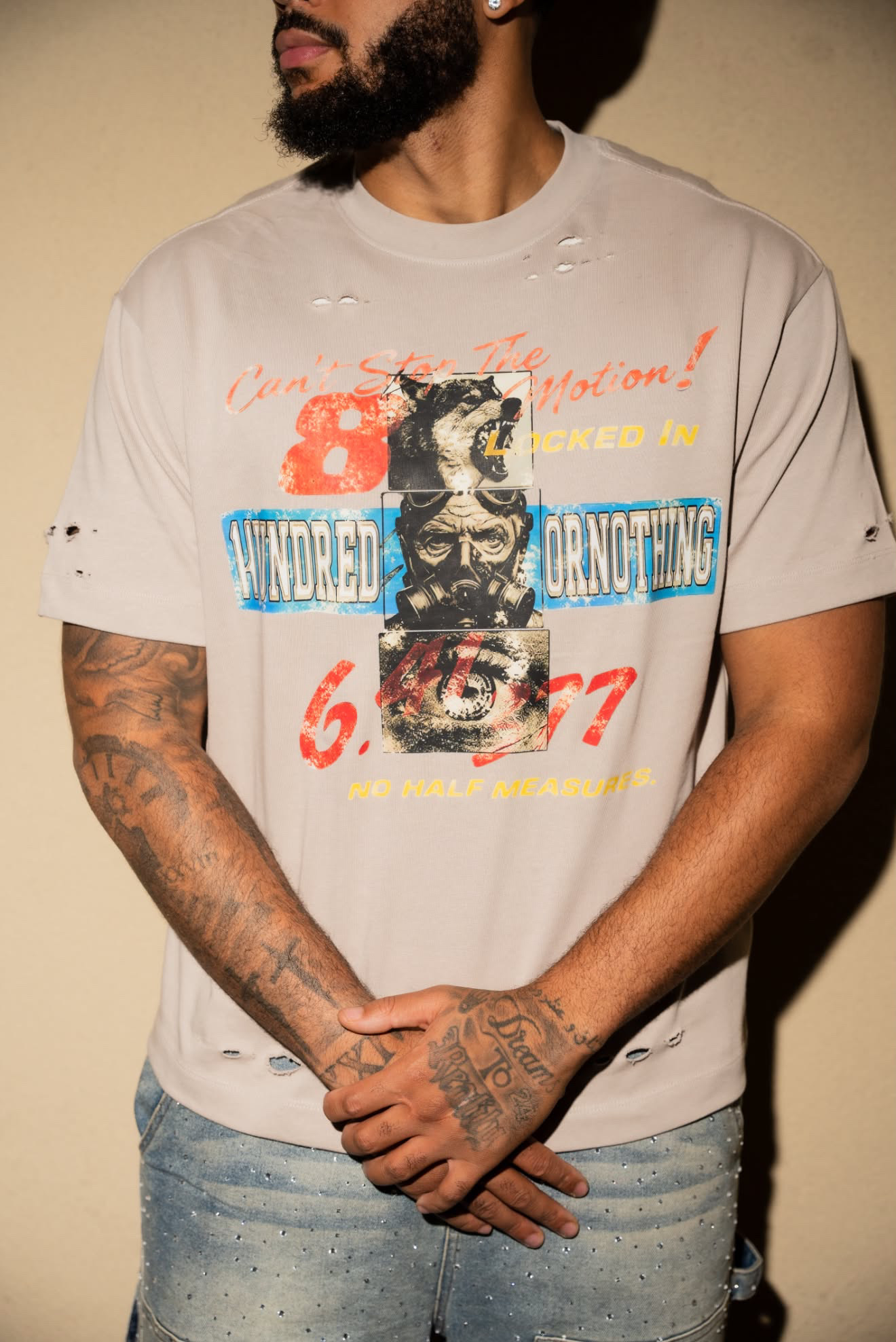 Model wearing the stone Motion Tee